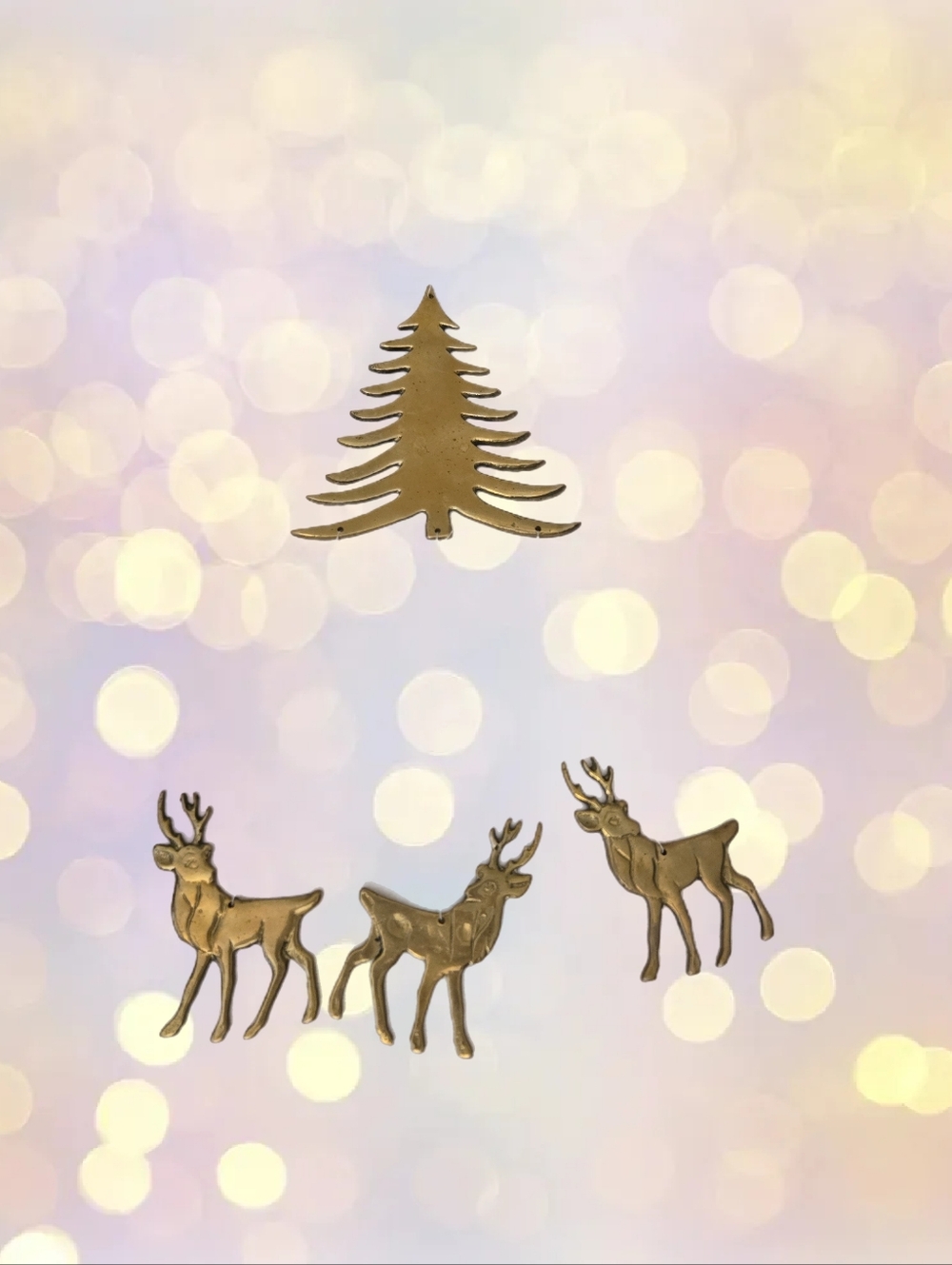 Vintage Brass Chime Christmas Tree With 3 Reindeer Holiday Invisible String
